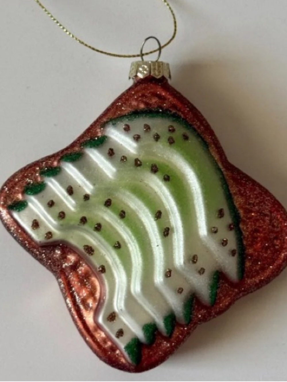 Green and Copper Glass Holiday Ornament with Glitter Accents